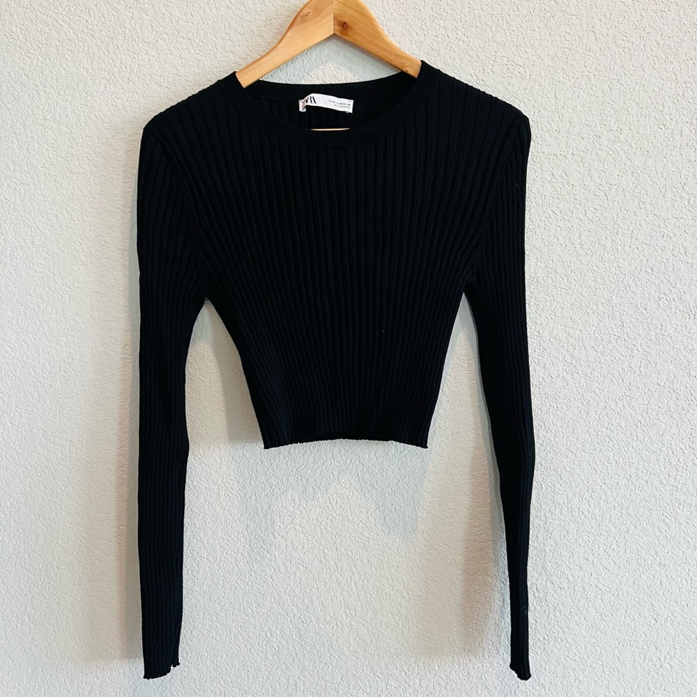 Zara Black ribbed long sleeve crop Size M